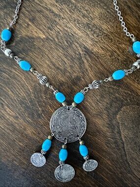 Turquoise Bead Silver-Tone Coin Pendant Necklace